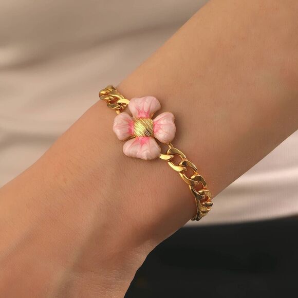 18K Gold Plated Women's Bracelet with Pink Flower Hypoallergenic Waterproof - Picture 1 of 10